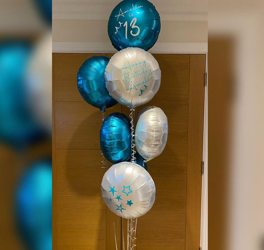 13th Birthday  Blue And White Balloon Bouquet