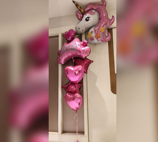 HBD Princess Unicorn Theme Hearts Balloon Bouquet