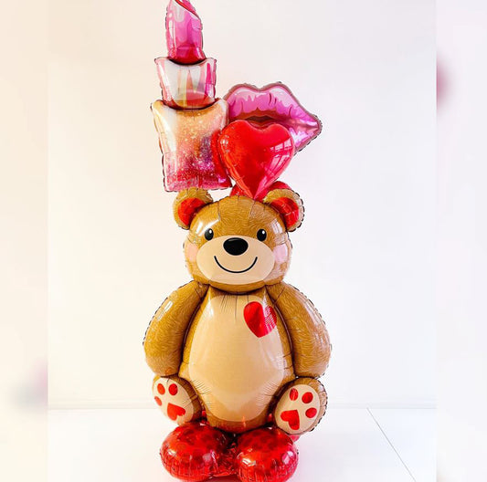 Valentine Theme Lipstic & Teddy Bear Balloon Bouquet