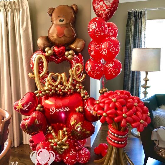Valentine Bear Hollow Heart Balloon Bouquet