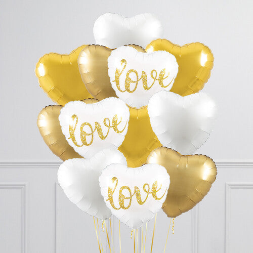 Love Glitter Gold And White Heart Balloon Bouquet