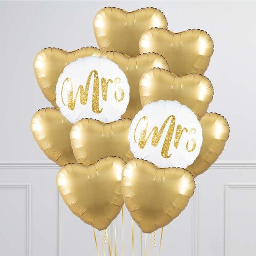 Mr & Mrs Glitter Gold Heart Balloon Bouquet