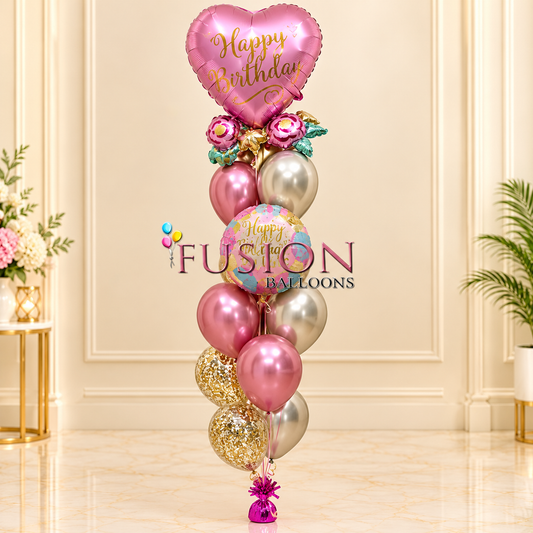 Happy Birthday Flowery Heart Balloons Bouquet